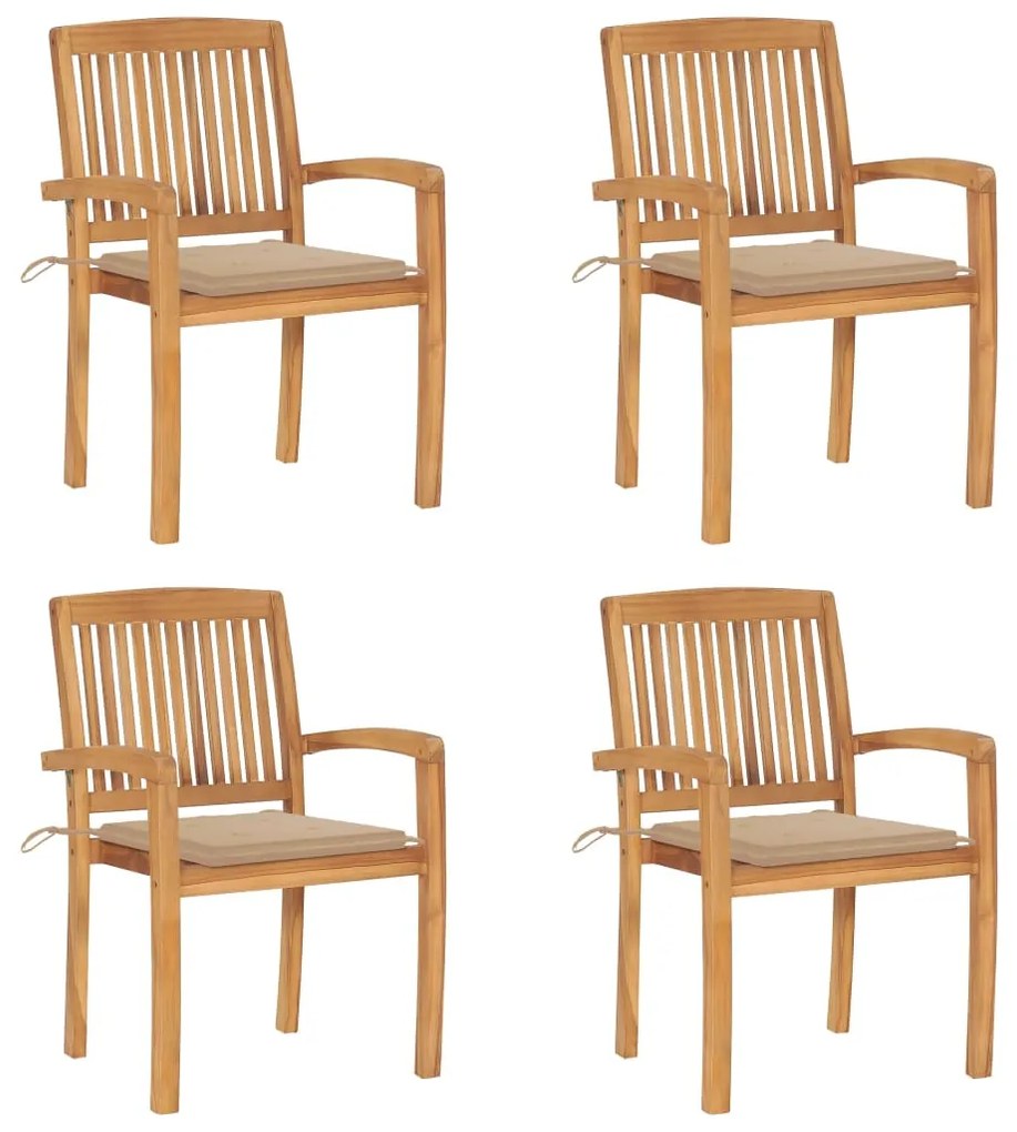 vidaXL Cadeiras de jardim empiháveis c/ almofadões 4 pcs teca maciça