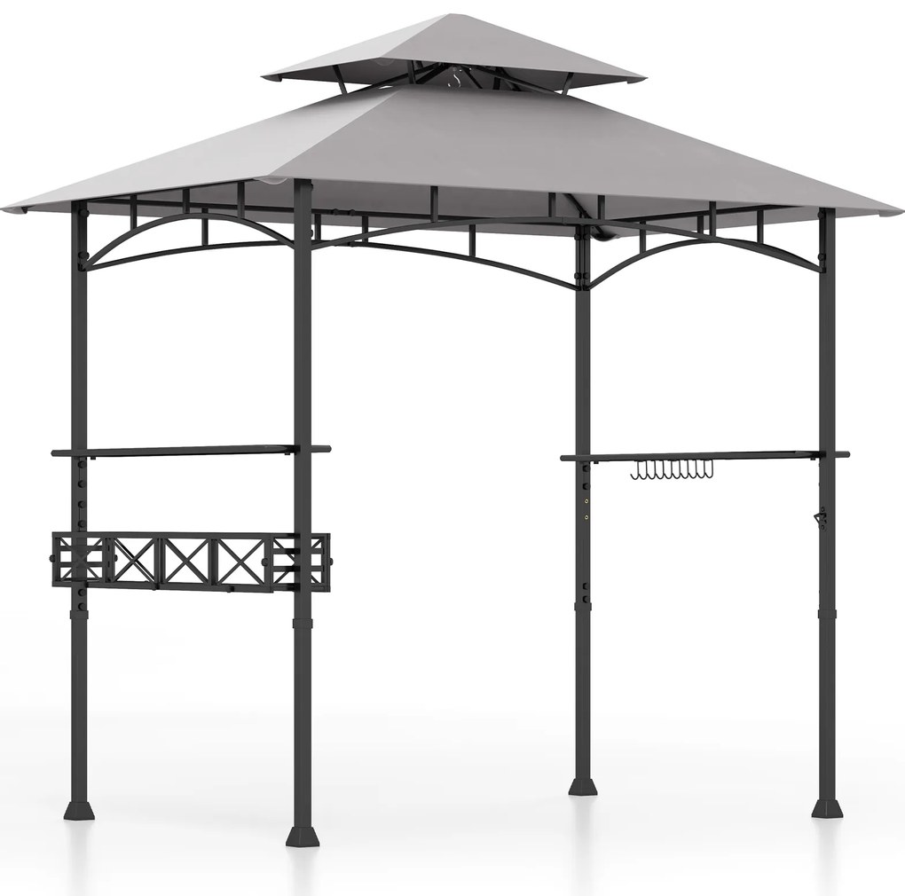 Gazebo para Churrasco 242x153cm com 2 Prateleiras Laterais Estrutura Metálica para Churrasco com Cesto de Armazenamento Cinza Escuro