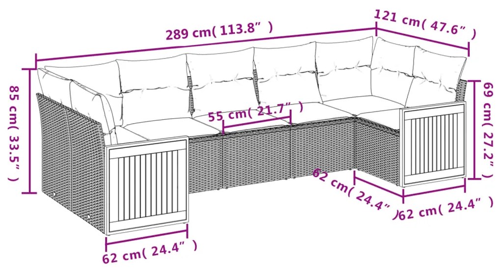 7 pcs conjunto de sofás p/ jardim c/ almofadões vime PE preto