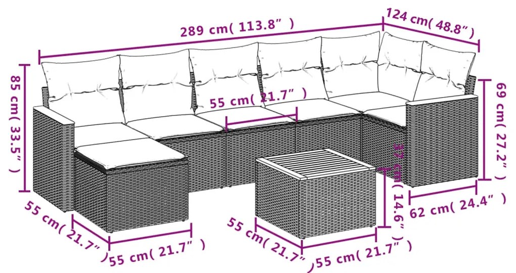 8 pcs conjunto sofás de jardim com almofadões vime PE preto