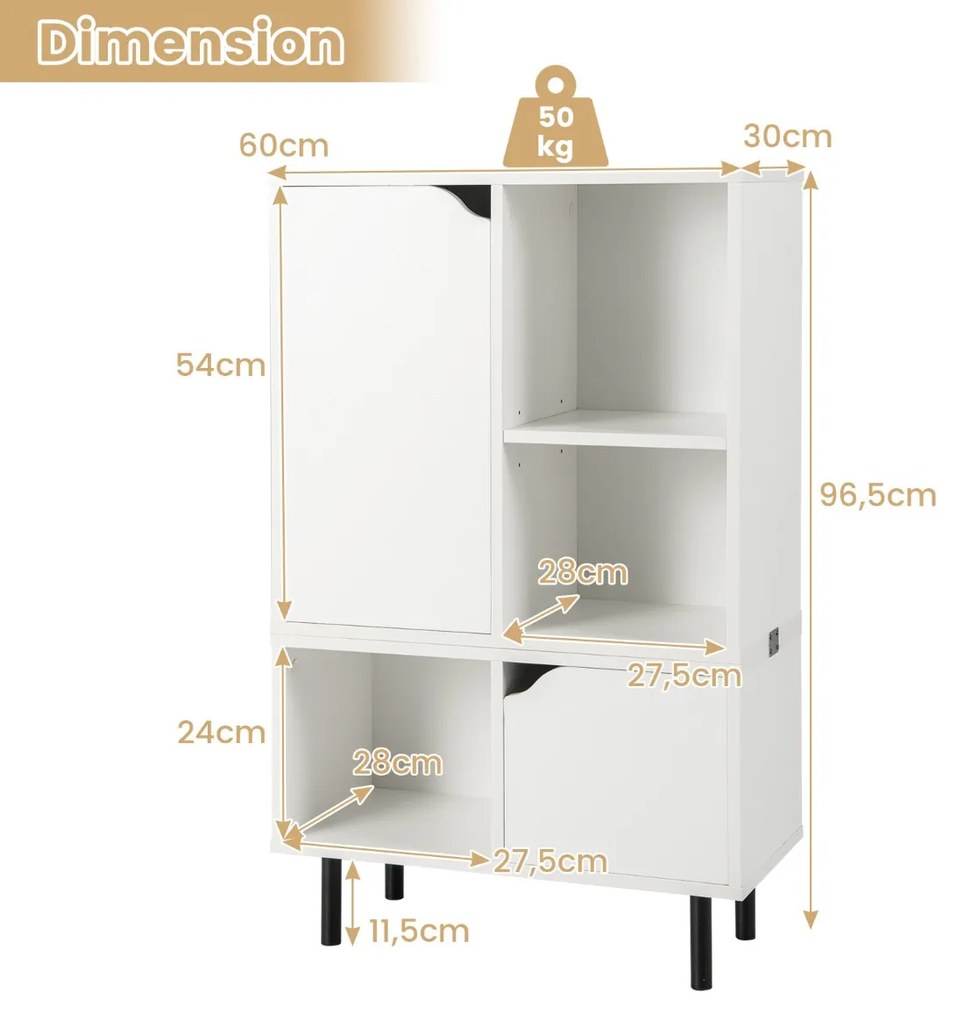 Armário de armazenamento para console de TV com 2 gavetas e 4 cubos para entrada - branco