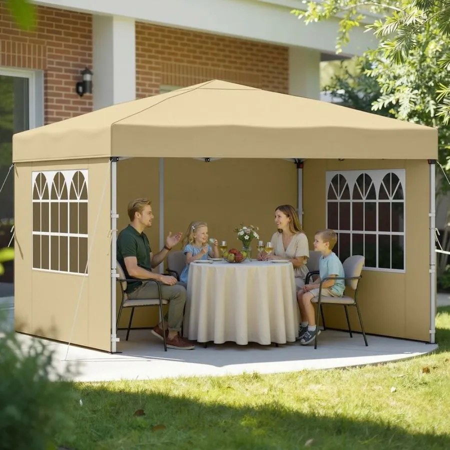 Tenda dobrável de 3 x 3 m para jardim e festas, com 4 paredes laterais, cor bege