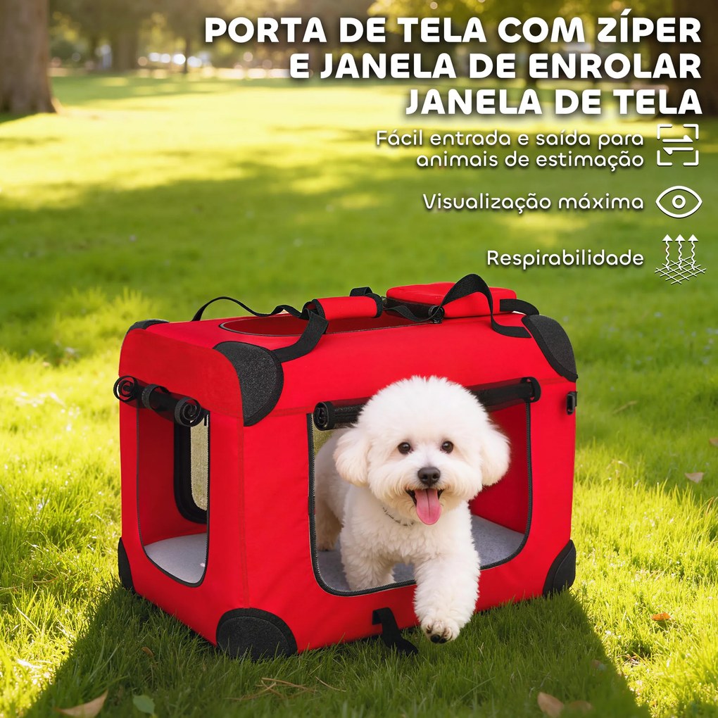 Transportadora Dobrável para Cães 60x41,5x41 cm com Janelas de Rede, Almofada Macia e 2 Alças para Mini Cães e Gatos Vermelho