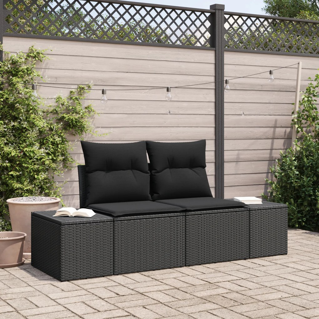 vidaXL Sofá de Jardim de 2 Lugares com Almofadas Preto Vime PE