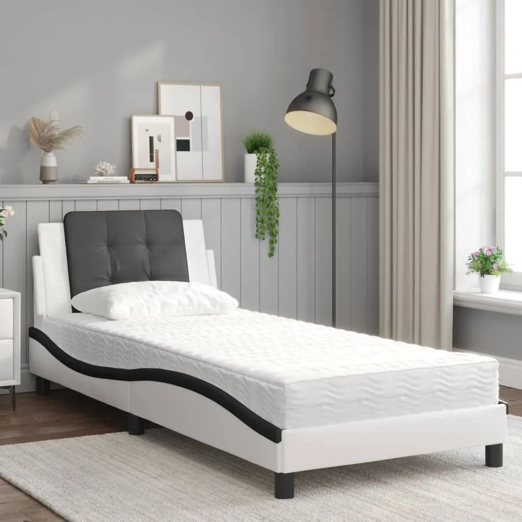 Cama com colchão 90x190 cm couro artificial preto e branco