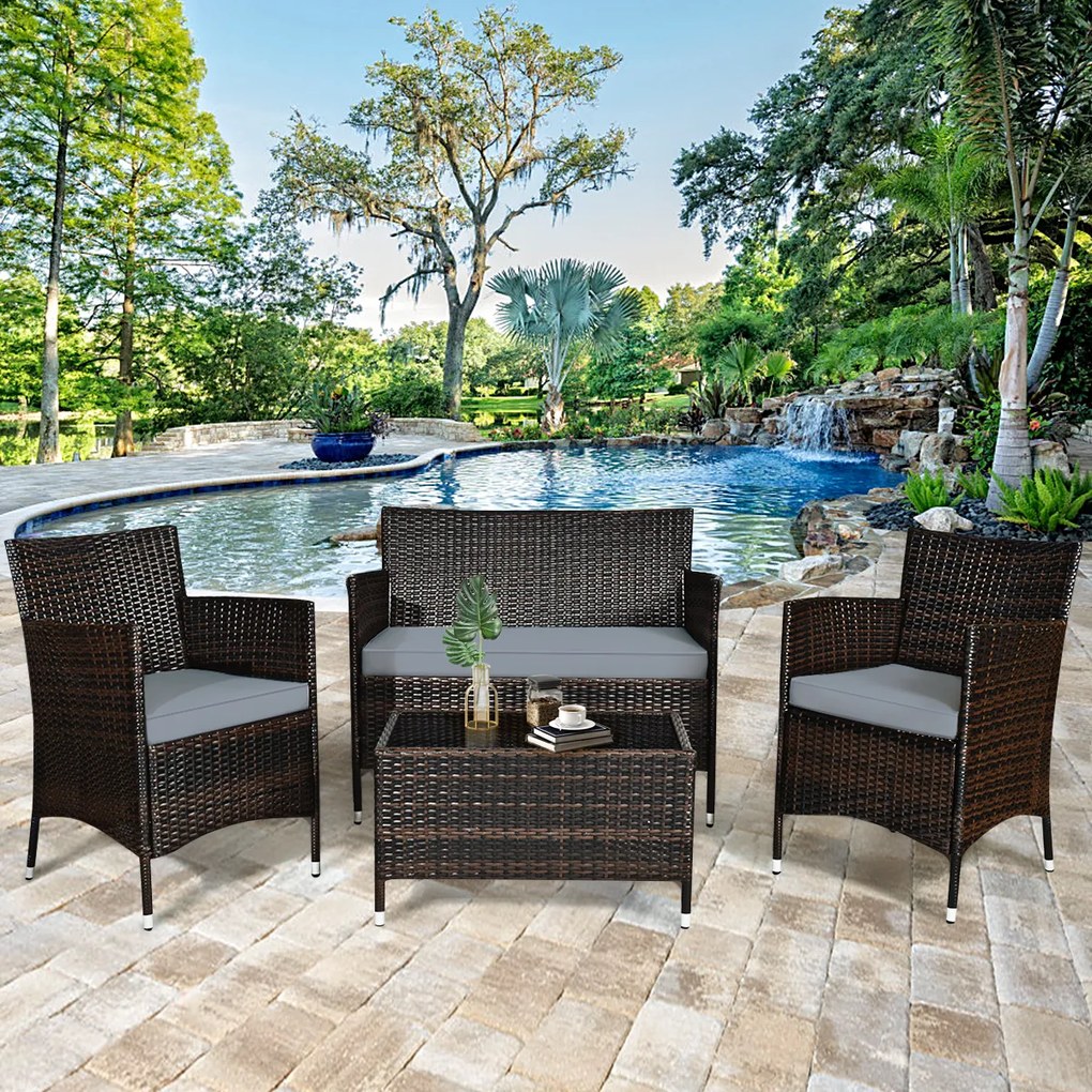 Conjunto de Móveis 4 Peças Rattan para Pátio Exterior Mesa e Sofá com Almofada Conjunto de Conversação Mão-Tecido para Piscina de Jardim Castanho