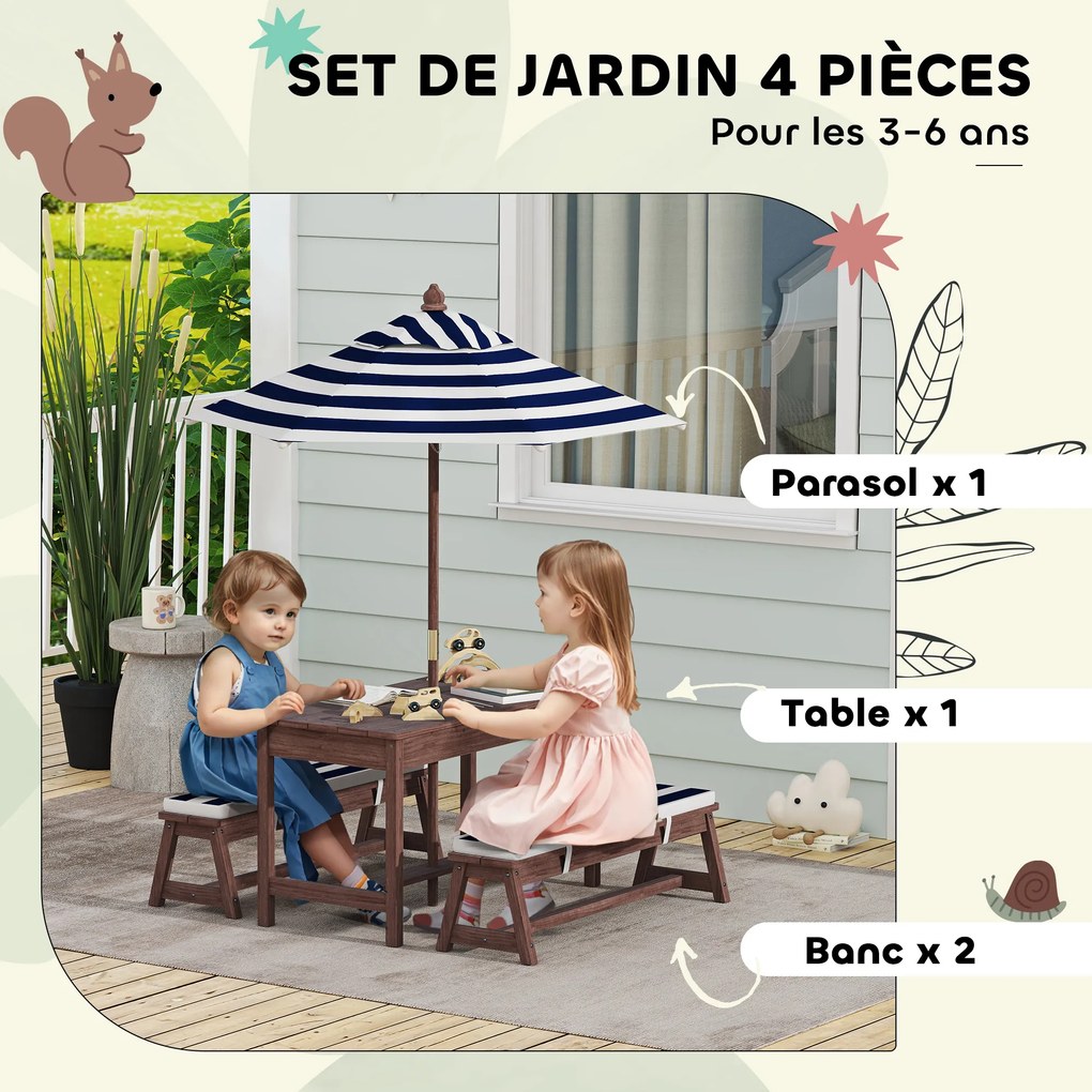Conjunto de mobiliário de jardim para crianças, com almofadas e guarda-sol amovível, às riscas em azul-marinho e branco