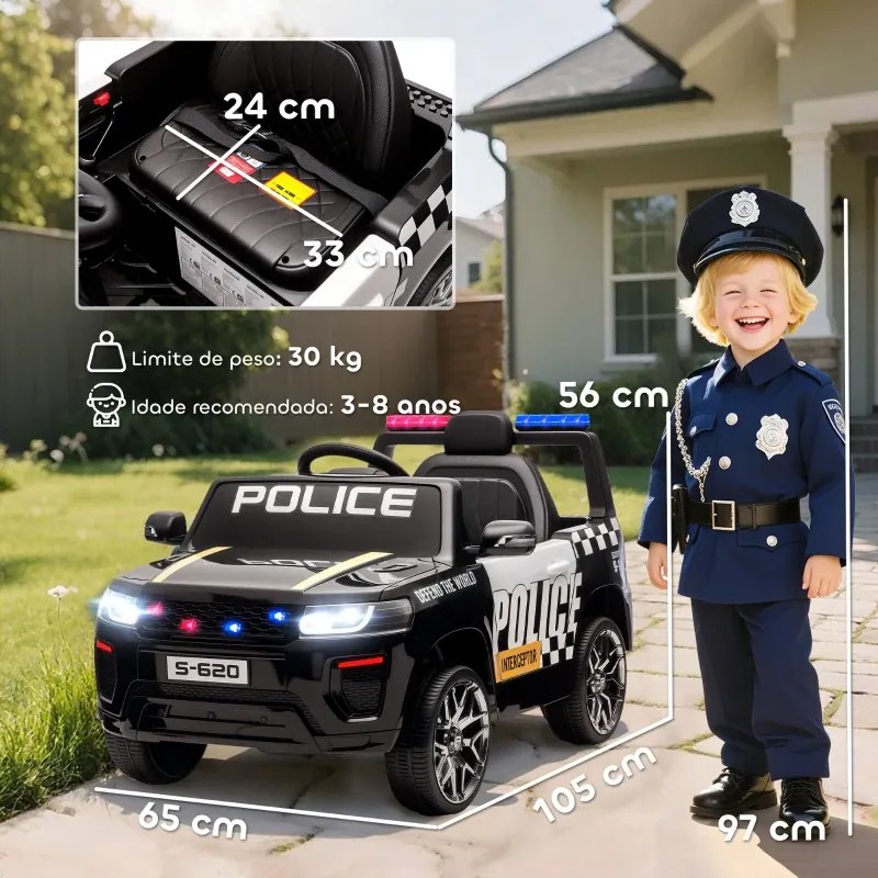 Carro Elétrico para Crianças de Polícia 12V com Motor Duplo Suspensão em 4 Rodas Sirene Faróis LED Porta USB Bluetooth e Música Preto