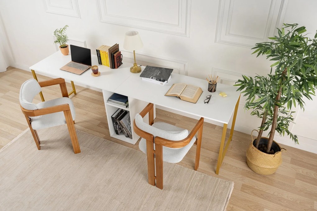 Secretária Twin Study Desk – Branco Dourado – 240 x 74 x 60 cm