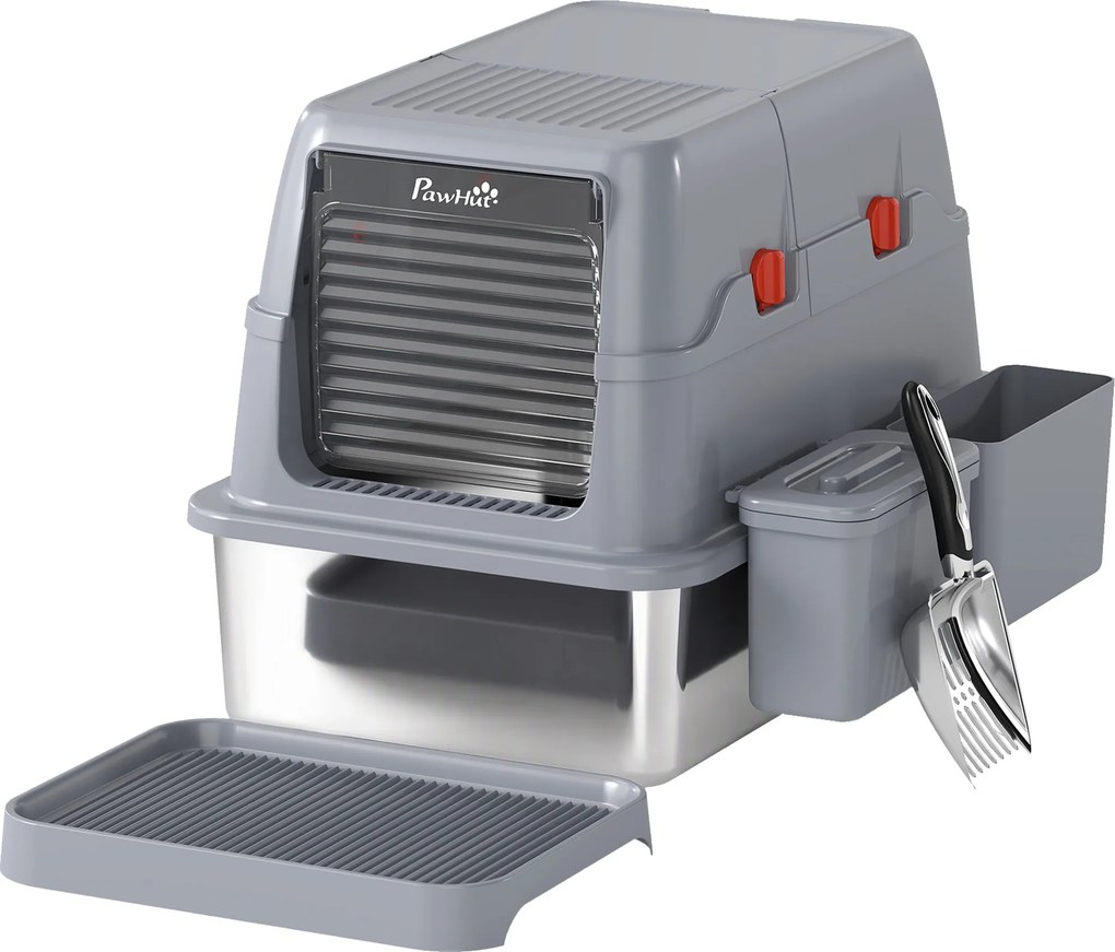 PawHut 3 em 1 Caixa de Areia para Gato Fechada Grande 49L em Aço Inox com Tampa, Pá, Plataforma, 2 Recipientes, Cinza | Aosom Portugal