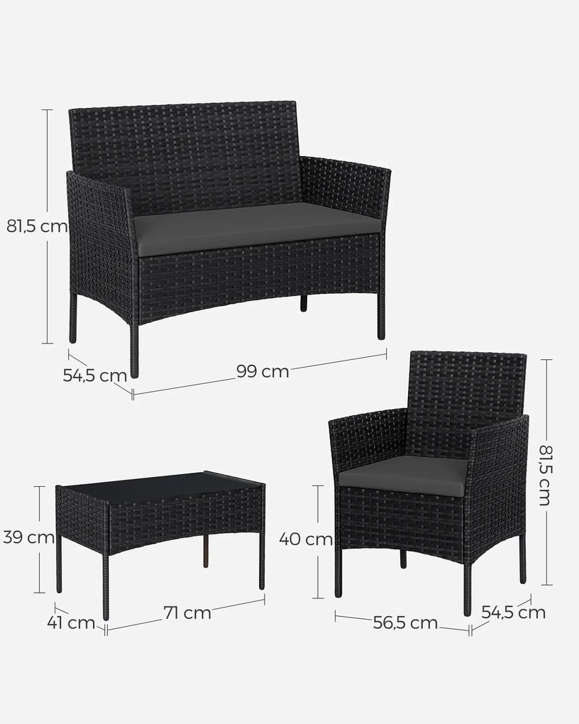 Conjunto jardim em polirattan PE Preto + cinzento