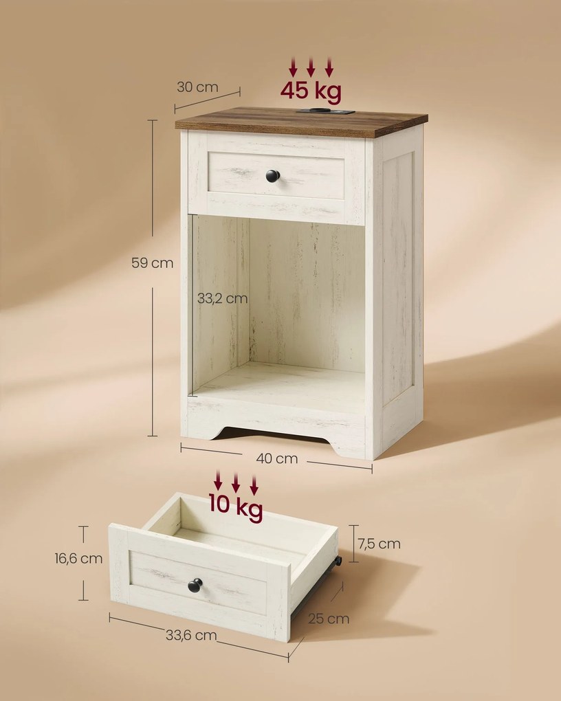 Mesa de cabeceira com tomada, portas USB e gaveta, 40 x 30 x 59 cm, branco e castanho