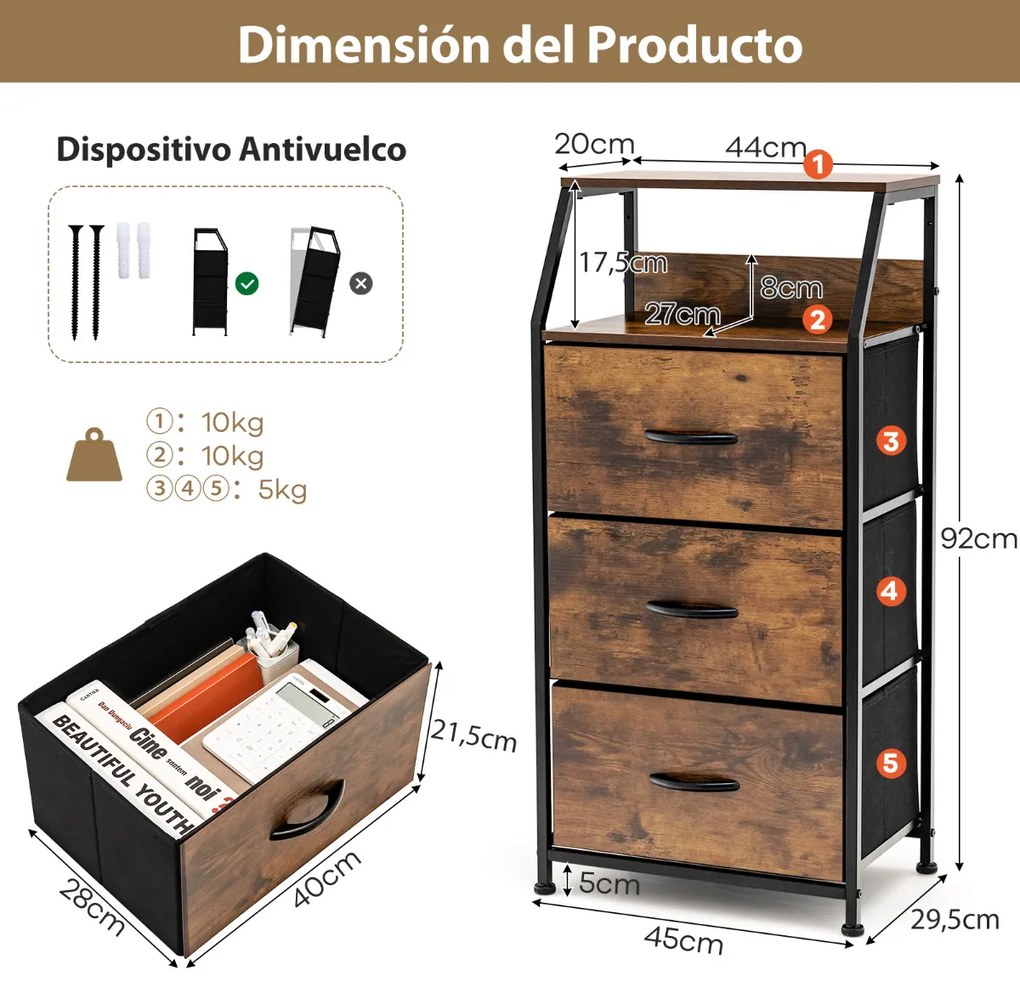Armário arrumação de 3 gavetas com estrutura de aço para quarto, sala de estar, escritório 45 x 29,5 x 92 cm Castanho