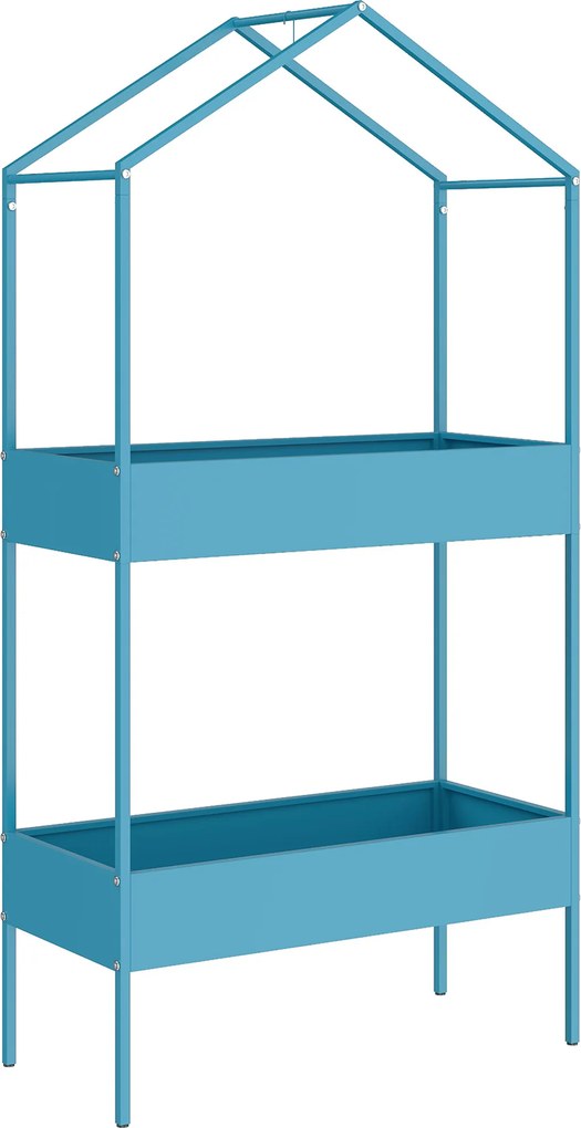 Outsunny Estante para Plantas 2 Níveis, Suporte para Plantas em Metal com Gancho, Suporte para Vasos em Forma de Casa, Azul-Verde | Aosom Portugal