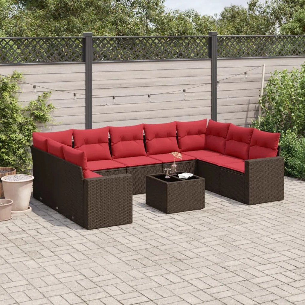 vidaXL 10 pcs conj. sofás jardim com almofadões vime PE castanho
