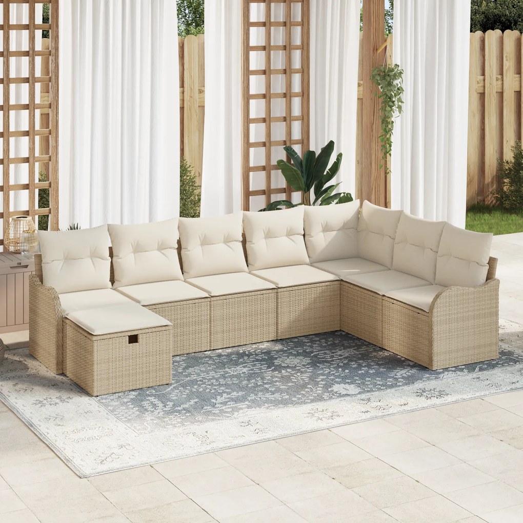 Conjunto de Sofá de Jardim de 8 Peças com Almofadas Bege Vime Poliéste