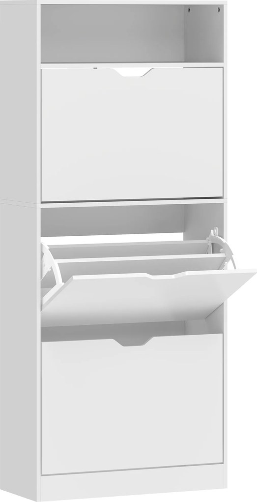 Sapateira Estreita com 3 Gavetas Rebatíveis Prateleiras Ajustáveis e Compartimento Aberto Capacidade para 12-18 Pares Branco