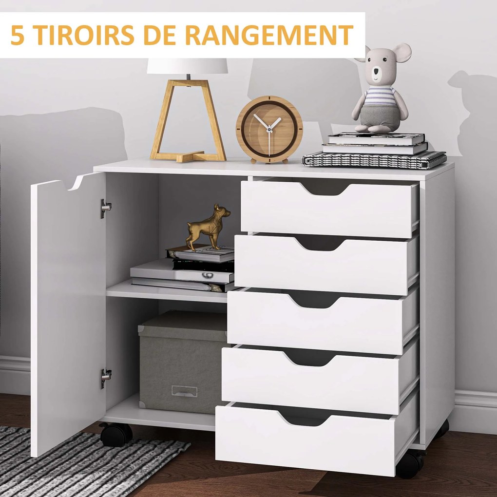 Móvel de arrumação para escritório com 5 gavetas 78 x 40 x 66,5 cm, 1 porta, prateleira ajustável, suporte para impressora e rodas, branco