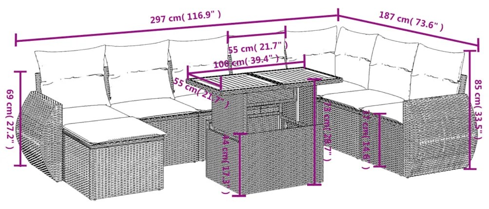 9 pcs conjunto de sofás p/ jardim com almofadões vime PE bege