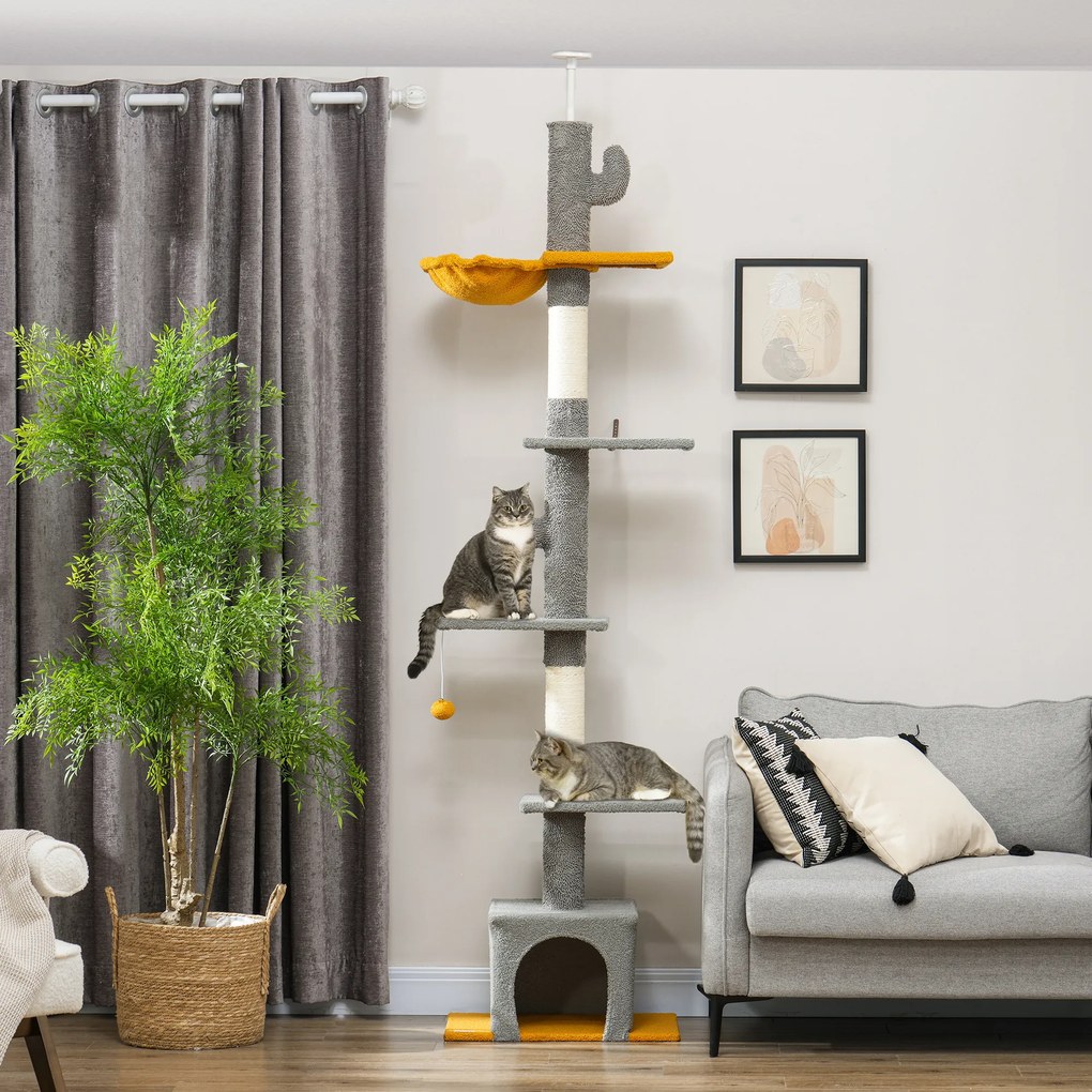 Arranhador para gatos, altura 275 cm, 6 níveis para gatos de interior, do chão ao teto, com plataformas e compartimentos abertos, cinzento claro