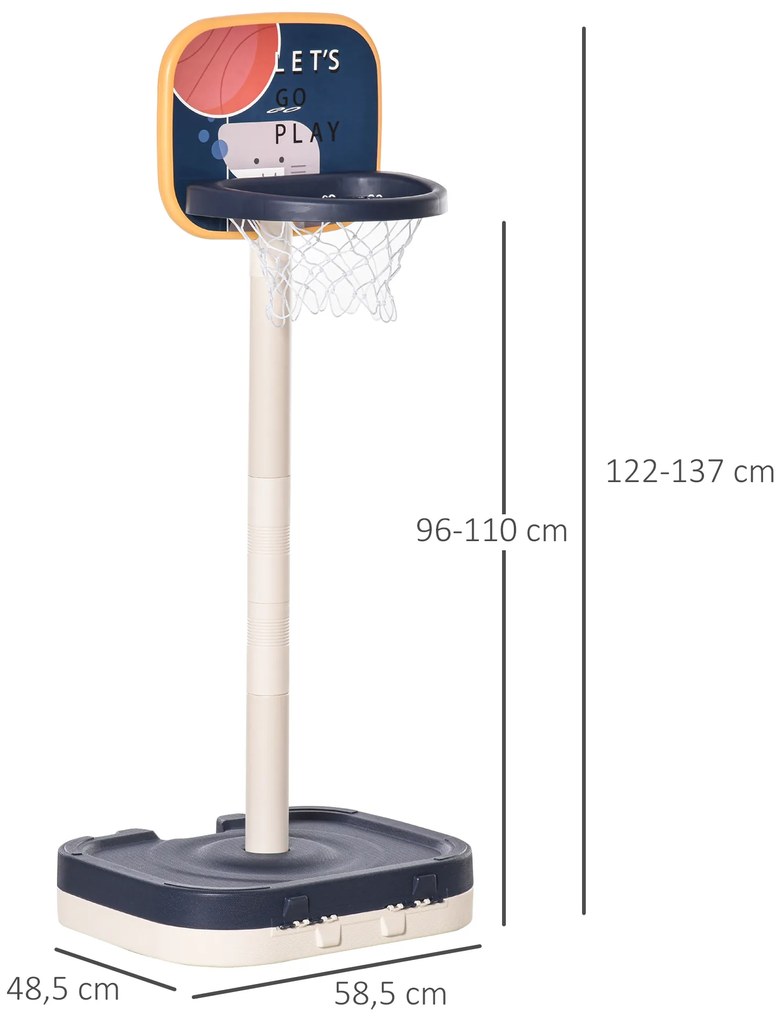 HOMCOM Tabela de Basquetebol Infantil 2 em 1 Tabela de Basquetebol Portátil com Jogo de Lançamento de Anéis e Altura Ajustável 96-110cm Acessórios Incluidos 58,5x56x137cm Azul e Branco