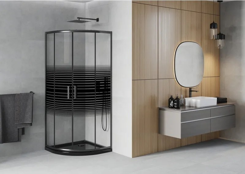 Mexen Rio cabine de duche semicircular 80 x 80 cm, faixas pretas, preto + base de duche Flat, preto - 863-080-080-70-20-4170B