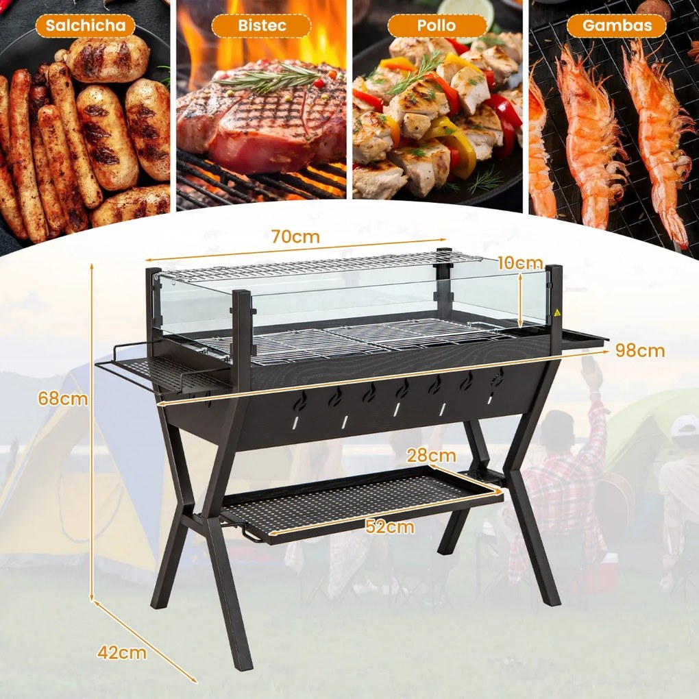 Grelhador a carvão para churrascos em aço inoxidável com luvas de proteção contra o vento 98 x 42 x 68 cm