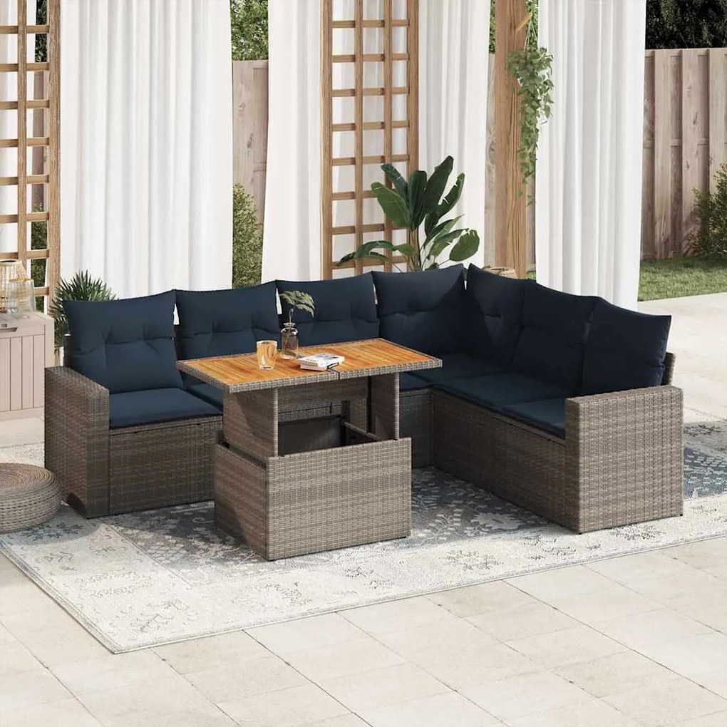 vidaXL 7 pcs conjunto sofás p/ jardim c/ almofadões vime PE cinzento