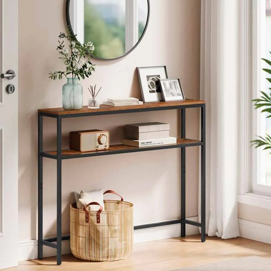 Mesa consola com 2 prateleiras 20 x 80 x 80 cm preto e castanho vintage