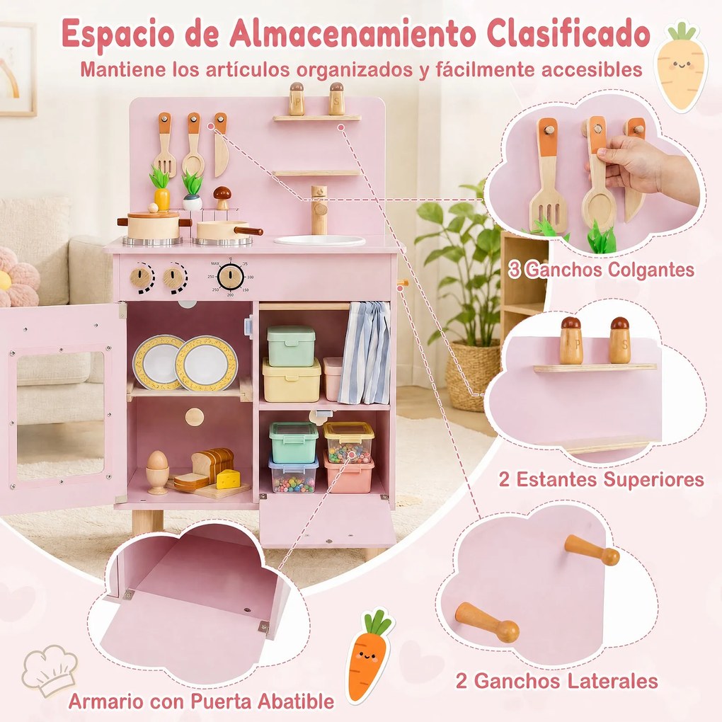 Cozinha de Brincar, 54 x 30,5 x 80,5 cm, com Acessórios Completos, Rosa