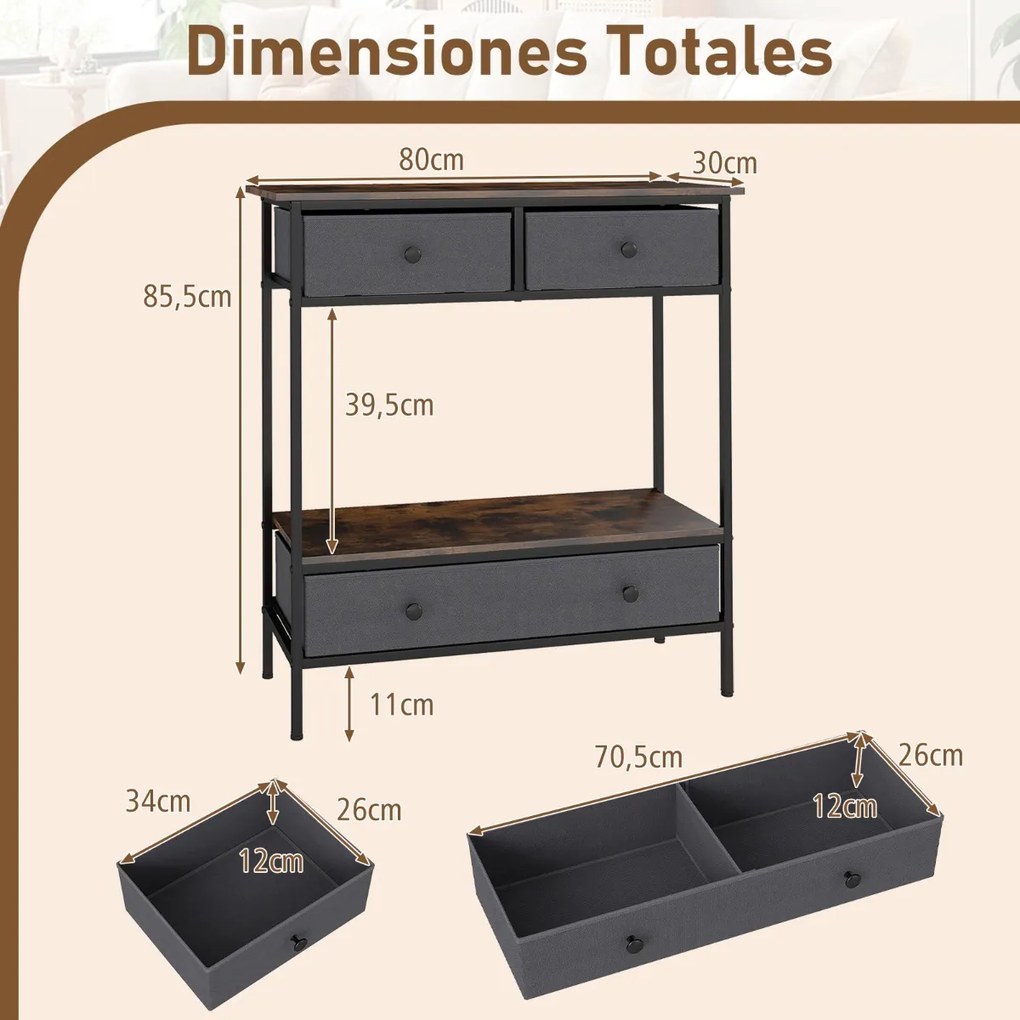 Mesa consola com gavetas tecido 80 x 30 x 85,5 cm com estante aberta estreita com Estrutura metálica Castanho Rústico e Cinza