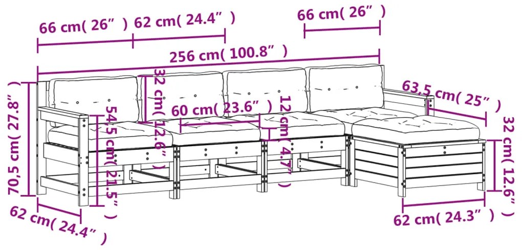 5 pcs conjunto lounge de jardim c/ almofadões pinho maciço