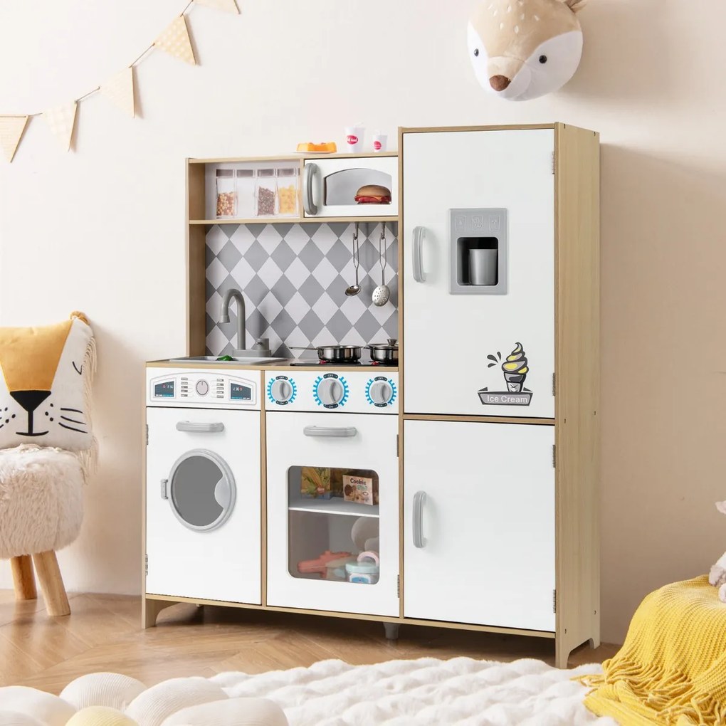 Cozinha de brincar em madeira 91 x 30 x 102 cm com máquina de gelo, fogão, máquina de lavar, forno, micro-ondas, sons e luzes reais para crianças com