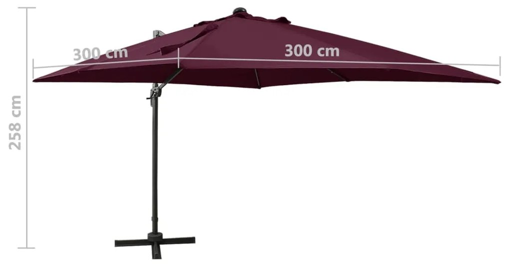 Guarda-sol cantilever c/ poste e luzes LED 300 cm bordô