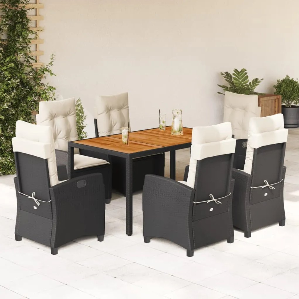 7 pcs conjunto de jantar p/ jardim c/ almofadões vime PE preto