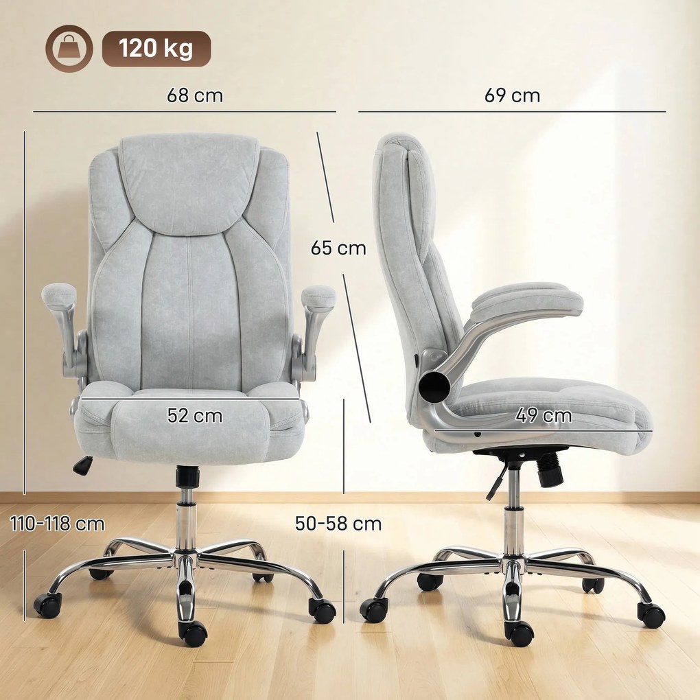 Cadeira de Escritório Apoios de Braços Rebatíveis Altura Ajustável Função Basculante e Estofada em Veludo 68x69x118 cm Creme