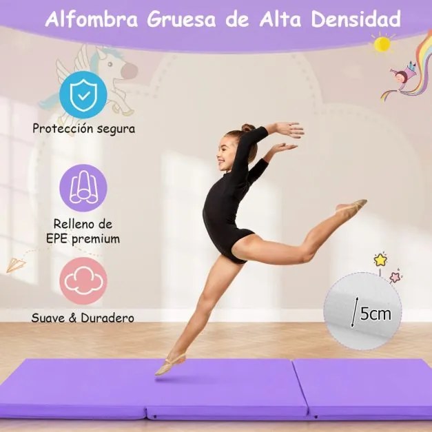 Tapete de exercícios portátil, leve e dobrável de 3 painéis com 2 pegas Ginástica compacta com enchimento de espuma EPE 180 x 60 x 5 cm Púrpura