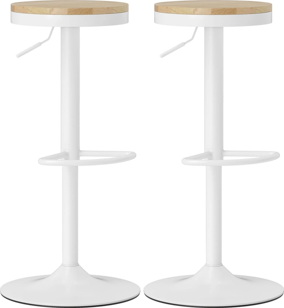 Conjunto de 2 Bancos de Bar Giratórios Bancos Altos de Cozinha com Descanso para Pés 38,5x38,5x60-80 cm Madeira e Branco