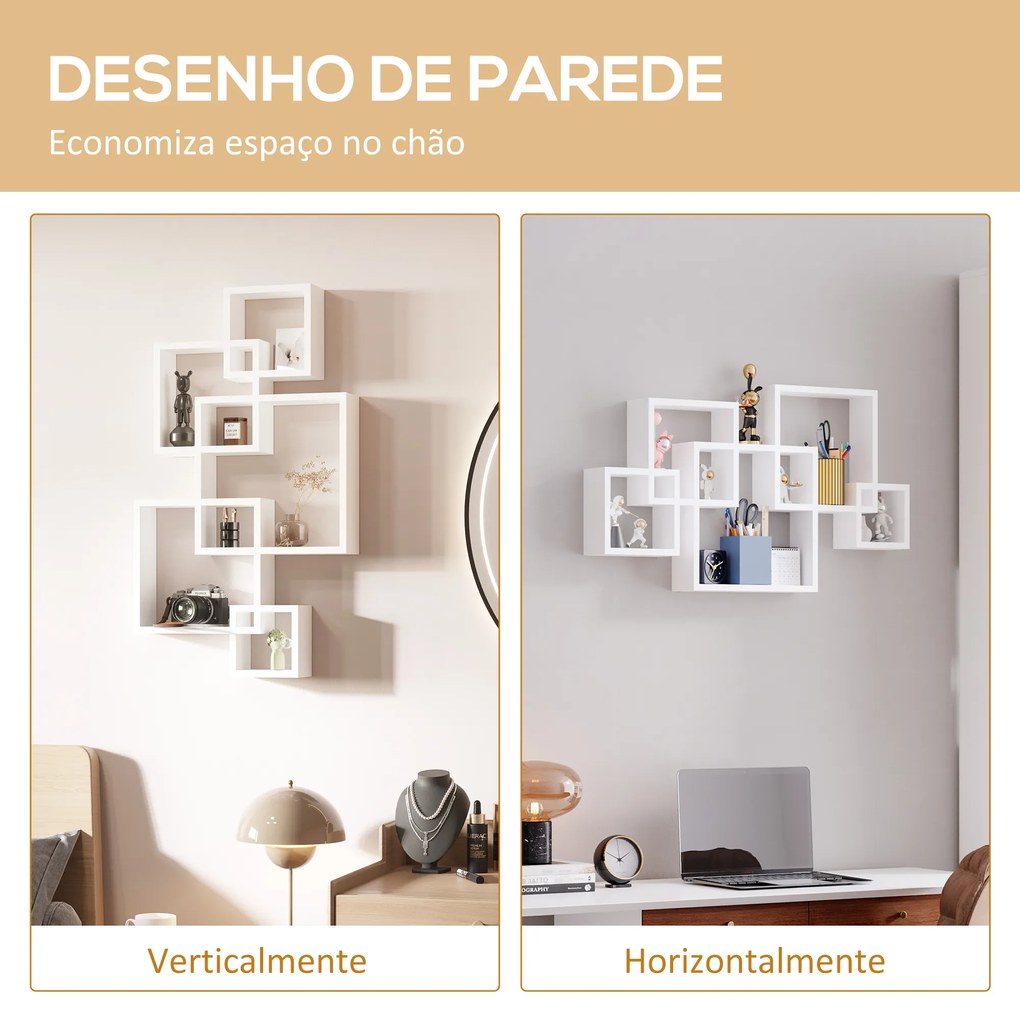 Estante de Parede com 5 Cubos Estante Flutuante de Madeira para Sala de Estar Dormitório Entrada Estúdio Estilo Moderno 49,5x10,2x86cm Branco