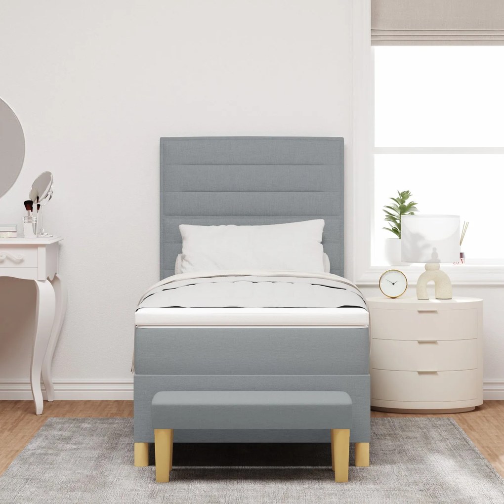 Cama Box Spring com Colchão e Banco Cinza Claro 80x200 cm Tecido
