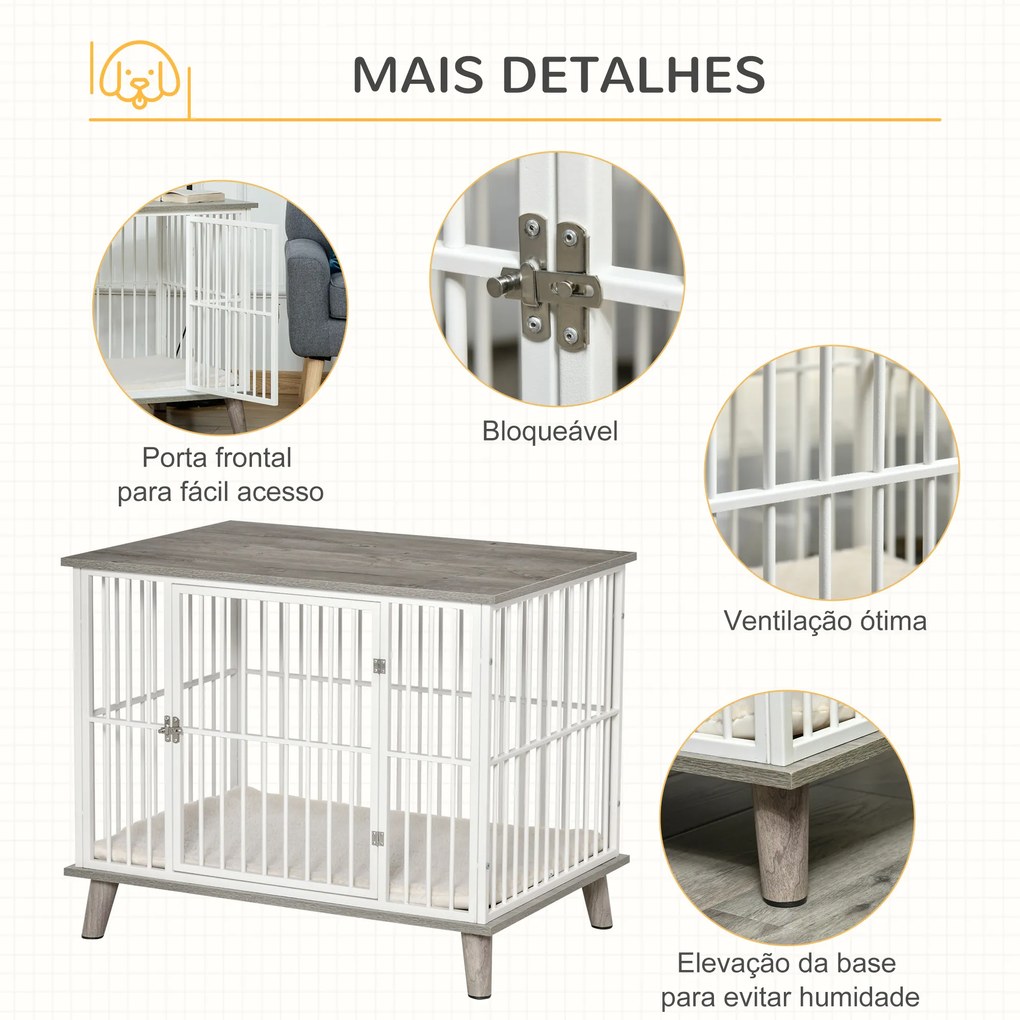 Gaiola para Cães de Madeira 86x60x70cm Gaiola para Cães com Bancada de Armazenamento Porta com Trave Pés Elevados Grade de Aço Branca