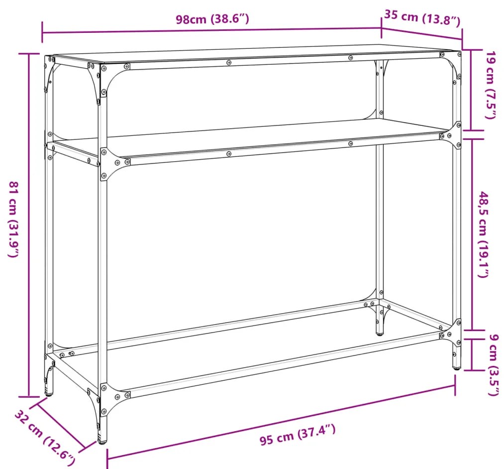 Mesa consola com tampo em vidro transparente 98x35x81 cm aço