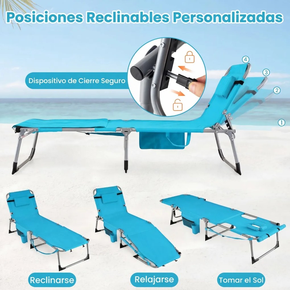 Conjunto de 2 Espreguiçadeiras de Praia Dobráveis, 166 x 60 x 35 cm, Encosto e Apoio para os Pés Ajustáveis, Azul