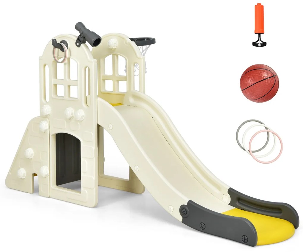 Escorrega infantil grande 6 em 1 com jogo de arremesso de bola de basquete Telescópio Interior Exterior 189,5 x 83 x 98 cm Amarelo