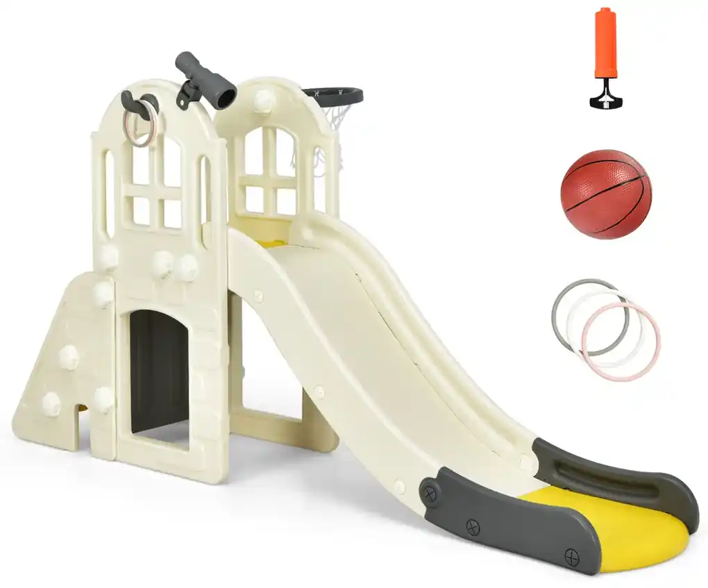Escorrega infantil grande 6 em 1, jogo com anel de bola de basquetebol,  telescópio para uso interno e externo 189,5 x 83 x 98 cm azul