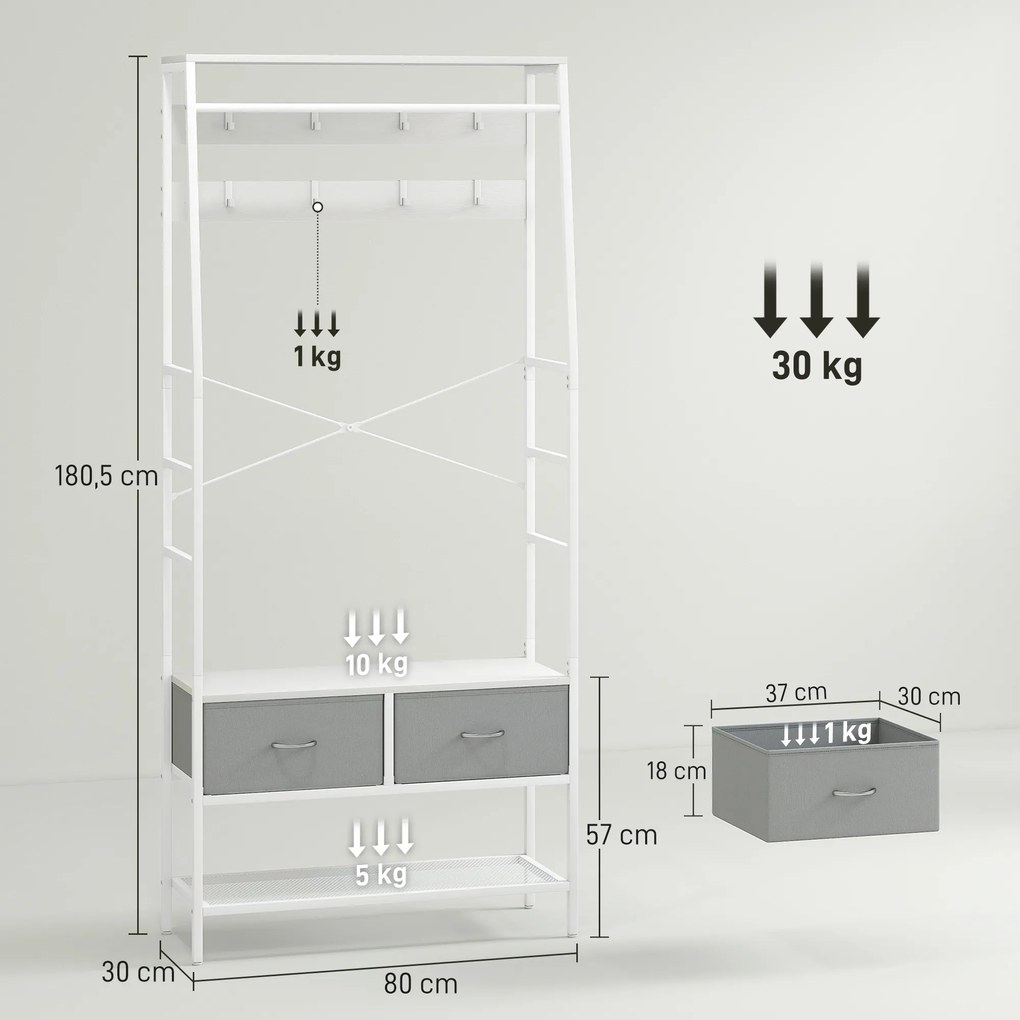 Móvel Cabide de Entrada com Banco Sapateira 8 Ganchos 2 Gavetas de Tecido Barra Prateleira 80x30x180,5 cm Branco e Cinza