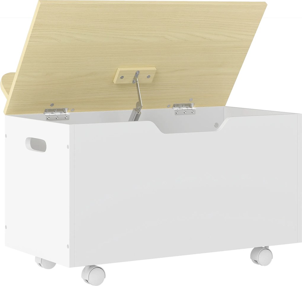 Baú de Brinquedos com Rodas com Tampa Abatível e Dobradiça de Segurança Desenho de Nuvem 59x30x53 cm Branco e Madeira