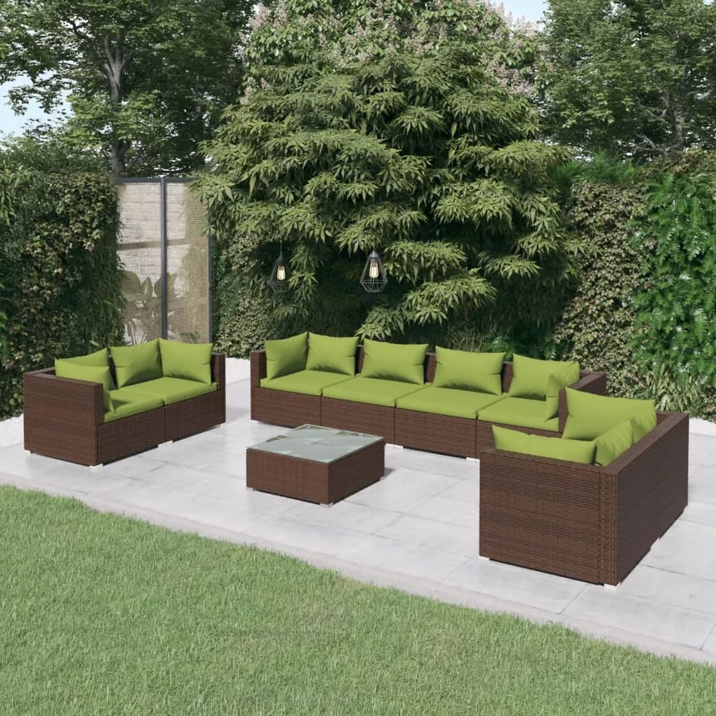 vidaXL 9 pcs conjunto lounge de jardim c/ almofadões vime PE castanho