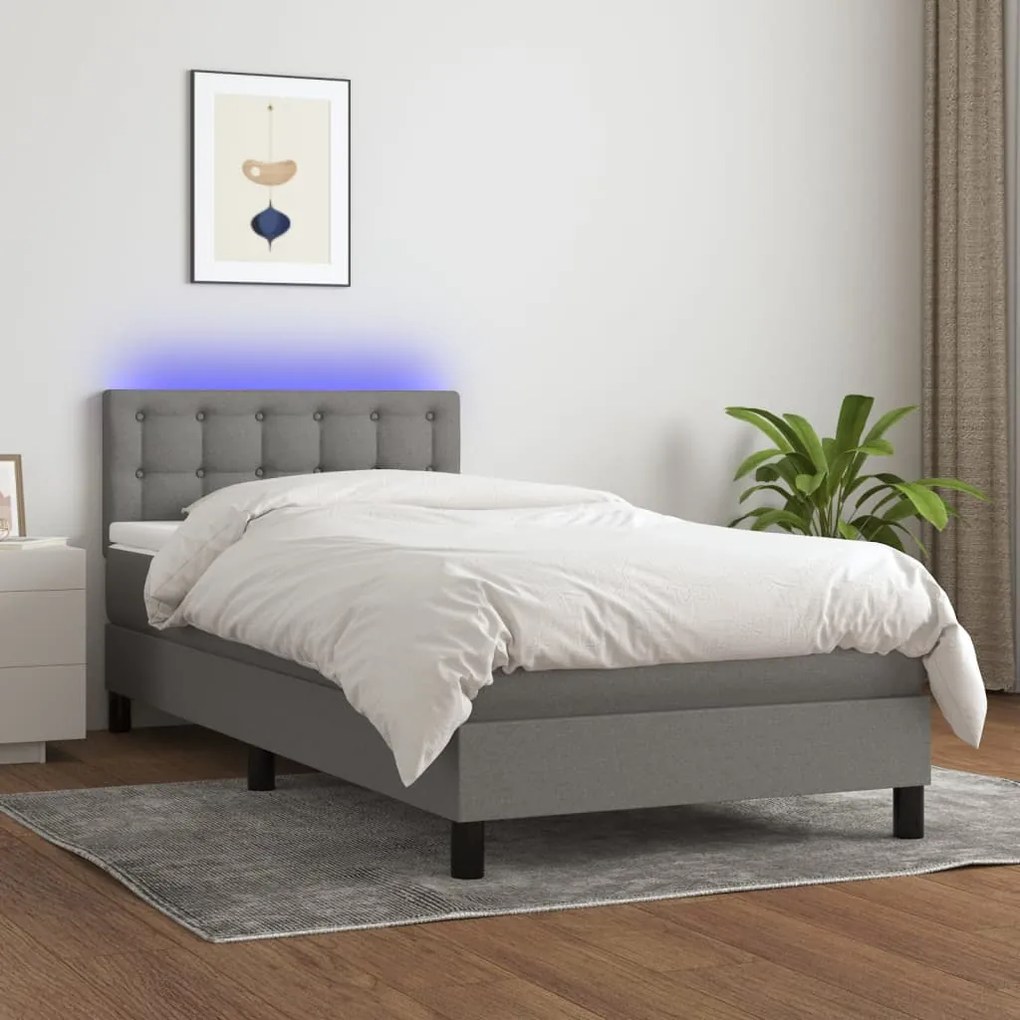 Cama box spring c/ colchão e LED 90x190 cm tecido cinza-escuro