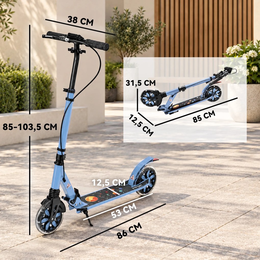 Trotinete Dobrável para Adolescentes e Adultos com Rodas Luminosas Guiador Ajustável Travão Duplo e Suspensão Azul